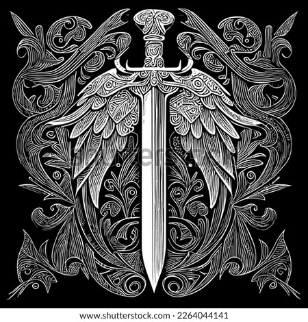 This artwork features a captivating illustration that combines the fierceness of a sword with the elegance of feathered wings, evoking a sense of power and majesty. The intricate details and stunning  Royalty-Free Stock Photo #2264044141