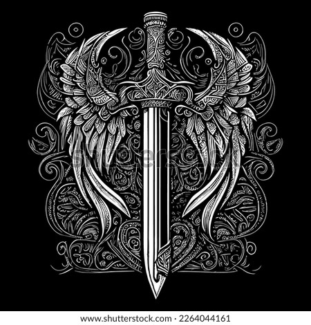 This artwork features a captivating illustration that combines the fierceness of a sword with the elegance of feathered wings, evoking a sense of power and majesty. The intricate details and stunning  Royalty-Free Stock Photo #2264044161