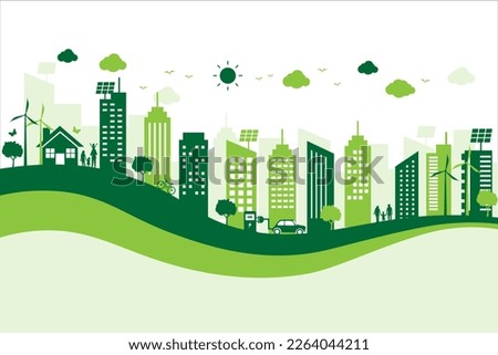 ecology and environment city scape. save energy the world development. green city building landscape . vector illustration in flat style modern banner design.  Royalty-Free Stock Photo #2264044211