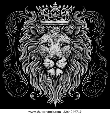 Stunning drawing portrays the majestic head of a lion adorned with a crown,symbolizing power and royalty. intricate details bring this regal creature to life, creating a truly captivating piece of art Royalty-Free Stock Photo #2264049719