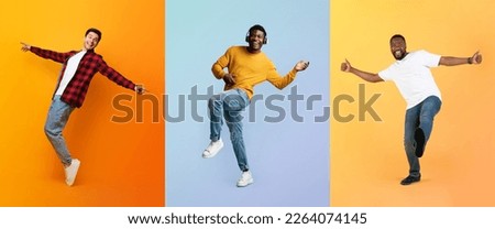 Set Of Multiethnic Cheerful Men Dancing Over Colorful Studio Backgrounds, Creative Collage With Diverse Positive Males Listening Music And Having Fun While Posing Over Bright Backdrops, Panorama