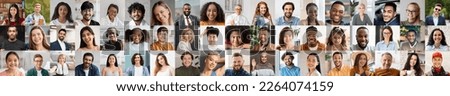 Diversity concept. Mosaic of cheerful multiracial people men different ages posing outdoors and indoors, smiling at camera, showing positive emotions, collage, collection of closeup photos, web-banner