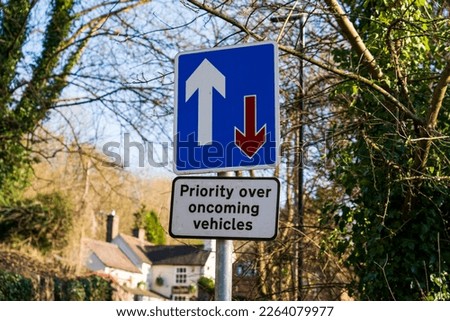 UK Traffic sign stating one side has priority over the other side on a blue rectangle with arrows