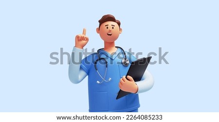 3d render, caucasian young man, nurse cartoon character wears blue shirt, shows forefinger up, holds clipboard. Health care clip art isolated on blue background. Solution of medical problem