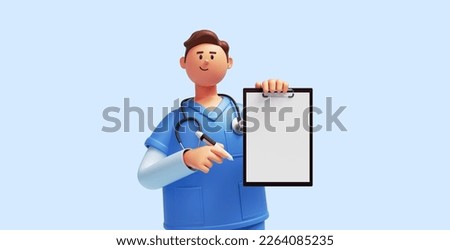3d render, caucasian young man, nurse cartoon character wears blue shirt, looks at camera, holds pen and clipboard with white paper. Hospital assistant. Medical insurance concept