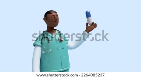 3d render, african nurse cartoon character wears mint green shirt, holds pill. Pharmaceutical consultation. Hospital assistant