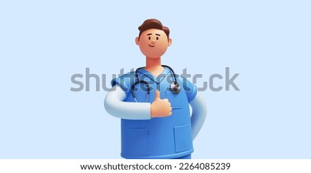 3d render, caucasian young man, cartoon character nurse wears blue shirt, looks at camera, shows thumbs up, like gesture. Health care support. Medical clip art, approval concept