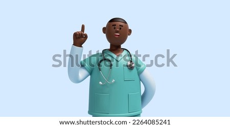 3d render, african cartoon character, young man nurse with black skin, shows forefinger up, looks at camera. Health care clip art isolated on blue background. Solution of medical problem. Idea concept