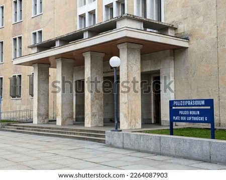 Berlin, February 19, 2023: Entrance of the Berlin Police Headquarters at the Platz der Luftbrücke in the building complex of the former Tempelhof Airport