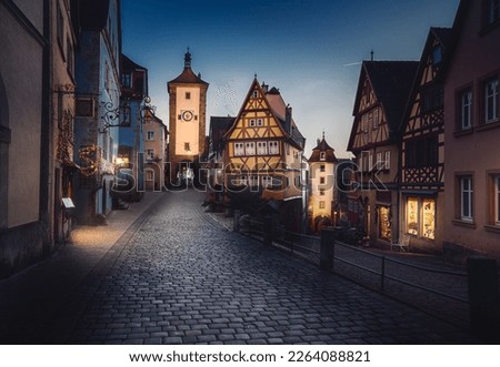 Illuminated Plonlein Square with Siebersturm (Siebers Tower) and Kobollzell Gate (Kobollzell Tor) - Rothenburg ob der Tauber, Bavaria, Germany Royalty-Free Stock Photo #2264088821