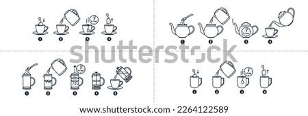 Tea and coffee brewing instruction. Tea, coffee making, brew process icons. Hot drink brew instruction. Cup, mug, kettle, teapot icons. How to make hot drink. Vector illustration Royalty-Free Stock Photo #2264122589