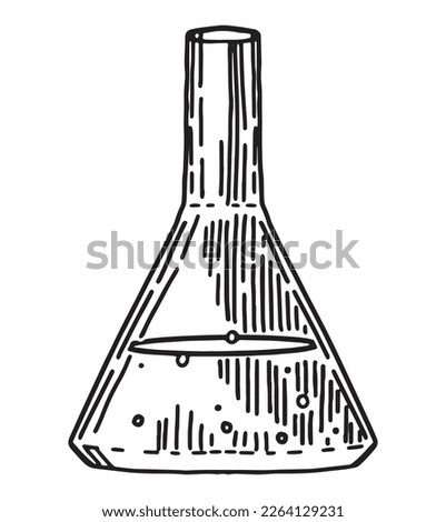 Laboratory flask with liquid doodle. Chemistry or biology glassware, education, experiment outline clip art. Hand drawn vector illustration isolated on white.