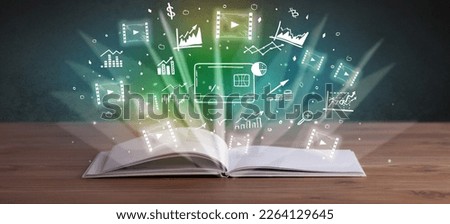 Open book with profit icons above