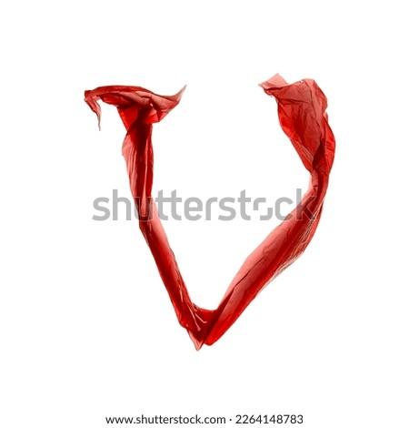 Flying red silk cloth piece formed letter V on white background