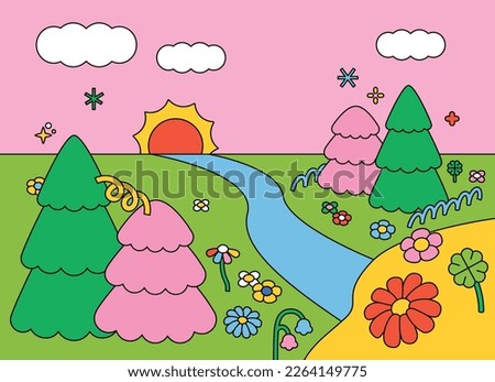 Cartoon background of pink sky. Fantasy landscape with cute nature objects. outline simple vector illustration.