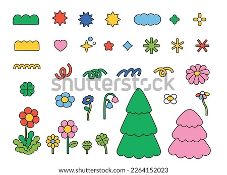 Cute decoration elements. Trees, flowers and shapes. outline simple vector illustration. Royalty-Free Stock Photo #2264152023
