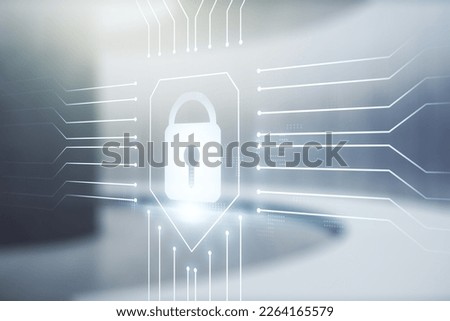 Virtual creative lock sketch with chip hologram on empty classroom background, protection of personal data concept. Multiexposure Royalty-Free Stock Photo #2264165579