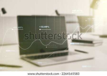Multi exposure of abstract statistics data hologram interface on computer background, computing and analytics concept