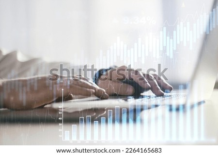 Multi exposure of abstract financial diagram with hand typing on computer keyboard on background, banking and accounting concept