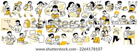 Cute character doodle illustration of back to school concept and education. Various student, teacher, walking, jumping, happy, reading book, learning, activities, imagination. Outline, hand drawn.