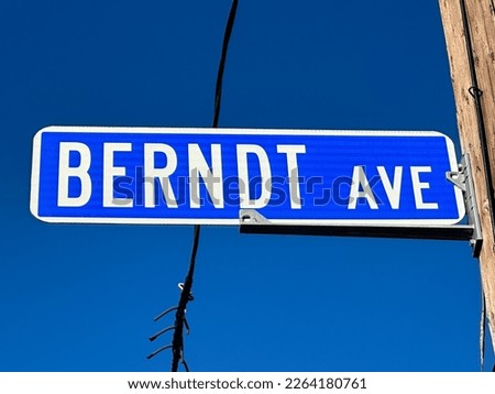 White text on bright blue background Berndt Ave. avenue street sign in Williamsport, Pennsylvania.