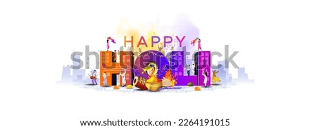 Vector illustration of Holi festival background. Happy Holi Text with People dancing, playing with Colors, Indian city skyline and celebrating Holi festival. Royalty-Free Stock Photo #2264191015