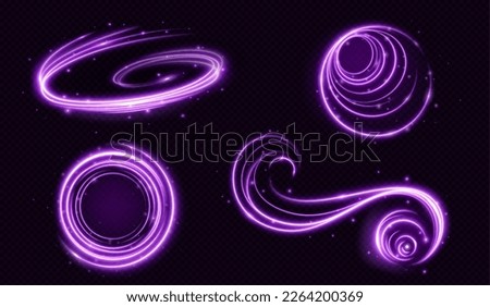 Realistic set of purple light motion effects isolated on transparent background. Vector illustration of magic neon swirl, wave, abstract curve sparkling with shiny particles. Luminous energy speed