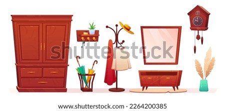 Home hallway interior vector isolated furniture set. Hook in apartment with clothes, umbrella storage and big closet for coat clipart collection to construct modern hall room in flat with shelf. Royalty-Free Stock Photo #2264200385