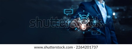 AI chat bot communicate and answer question to businessman with smart solution idea. Artificial Intelligence powered system provide detail conversation interface to assist user making best decision. Royalty-Free Stock Photo #2264201737
