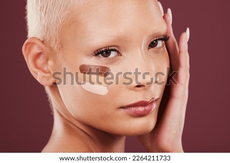 Makeup, beauty and portrait of woman with foundation, cosmetics products and contour on studio background. Cosmetology, self care and face of girl with lines for skin color, toner or facial treatment
