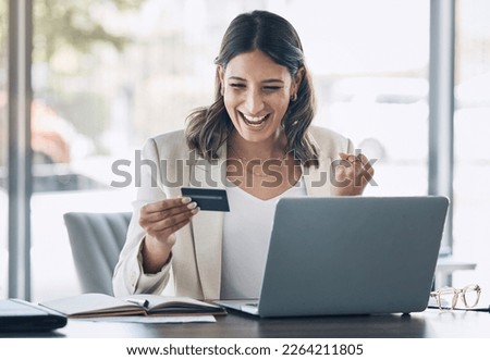Finance, credit card and wow with woman and laptop in office for savings, investment or online shopping sale. Success, fintech and ecommerce with customer and website for deal, payment or offer Royalty-Free Stock Photo #2264211805