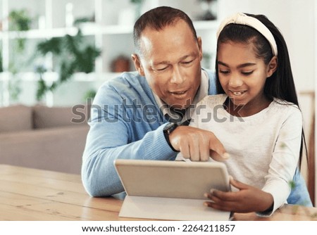 Family, grandfather and child with tablet, happy with technology and watching cartoon together with app. Love, care and talking with man and girl, happiness and bonding, streaming online with wifi