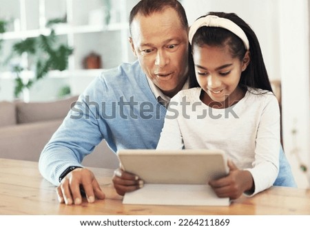 Family, grandpa with surprise and kid with tablet, happy with technology and watching cartoon and quality time together. Love, care and streaming online, man with wow expression and girl with smile