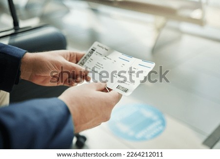 Plane ticket in hands, travel and person at airport, waiting on flight for business trip, check in and boarding. Closeup, .professional conference or convention with travelling for work and journey Royalty-Free Stock Photo #2264212011