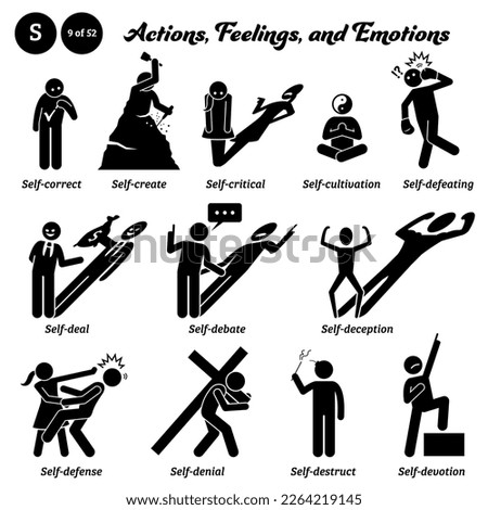 Stick figure human people man action, feelings, and emotions icons alphabet S. Self, correct, create, critical, cultivation, defeating, deal, debate, deception, defense, denial, destruct, and devotion Royalty-Free Stock Photo #2264219145