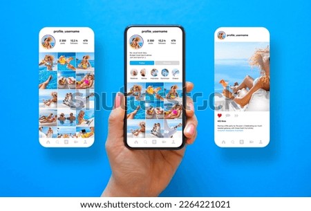 Sample layout of social media user profile, photo gallery and single post page design Royalty-Free Stock Photo #2264221021