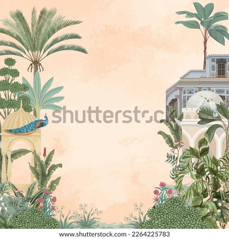 Traditional Mughal garden for wedding invitation. Vector illustration frame Royalty-Free Stock Photo #2264225783