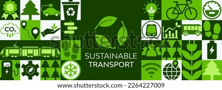 New mobility and sustainable transportation vector. E-mobility, urban, alternative or public transportation by rail, tram, bike, city infrastructure, commute, carbon emission reduction. Vector banner. Royalty-Free Stock Photo #2264227009