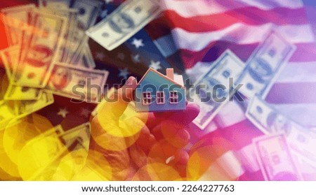 House symbol on American flag. Mortgage credit lending. Housing safety.