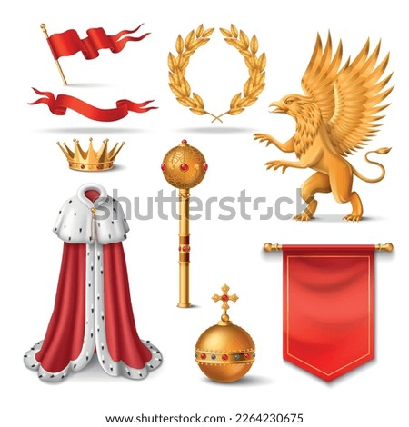 Royal symbols realistic icons set with kings crown and laurel wreath isolated vector illustration Royalty-Free Stock Photo #2264230675