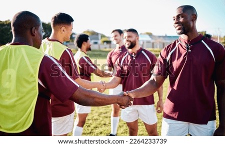 Man, sports and handshake for team greeting, introduction or sportsmanship on the grass field outdoors. Sport men shaking hands before match or game for competition, training or workout exercise Royalty-Free Stock Photo #2264233739