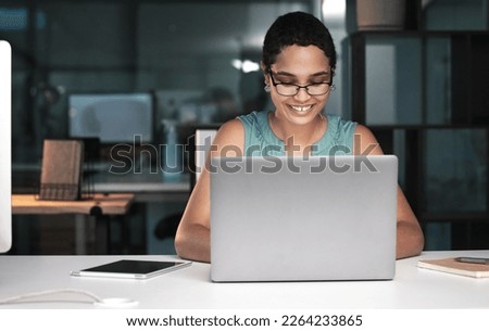 Office laptop, happy woman and night work on overtime article for social media app, digital website or online blog. Employee inspiration, reading internet info and African journalist typing news post