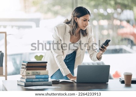 Business woman, thinking or phone spam in email phishing, website technology scam or cloud data hacking. Confused, doubt or reading worker with mobile digital breach, cyber security crisis or theft Royalty-Free Stock Photo #2264233913