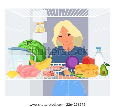Vector young slim woman looking inside opened refrigerator searching for healthy snack cartoon illustration. Problem of excess weight and healthcare Royalty-Free Stock Photo #2264238575