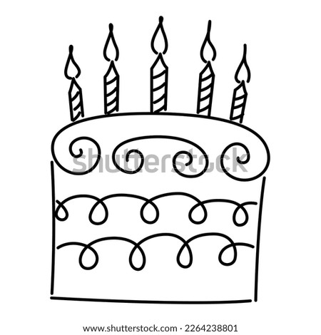 Birthday cake line drawing, doodle birthday cake, black line on white background