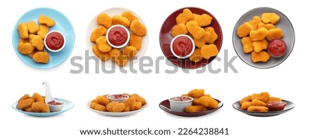 Collage of tasty nuggets served with ketchup on white background, top and side views Royalty-Free Stock Photo #2264238841