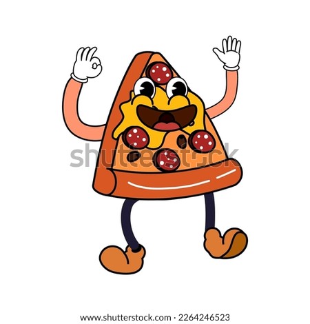 Groovy funny pizza slice cartoon character, vintage hippie 70s. Doodle comic bright character