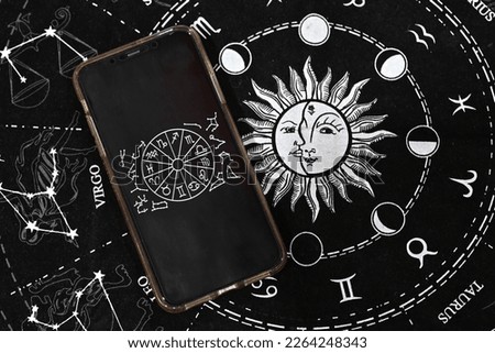 Astrological zodiac horoscope Mobile application on constellation background concept. Spiritual new age, wheel of fortune, fate karma and destiny