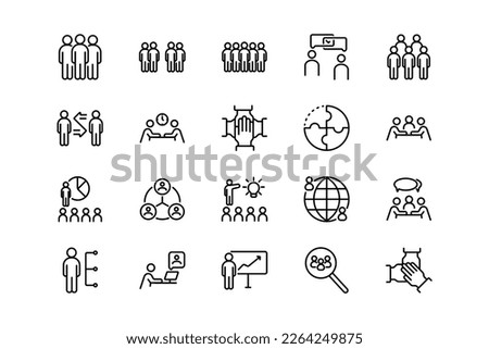 Social networking, people grub, and discussions lines icon set. Social genres and attributes. Linear design. Lines with editable stroke. Isolated vector icons. Royalty-Free Stock Photo #2264249875