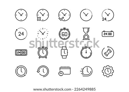 Time, clock, timer, stopwatch and alarm lines icon set. Time genres and attributes. Linear design. Lines with editable stroke. Isolated vector icons. Royalty-Free Stock Photo #2264249885